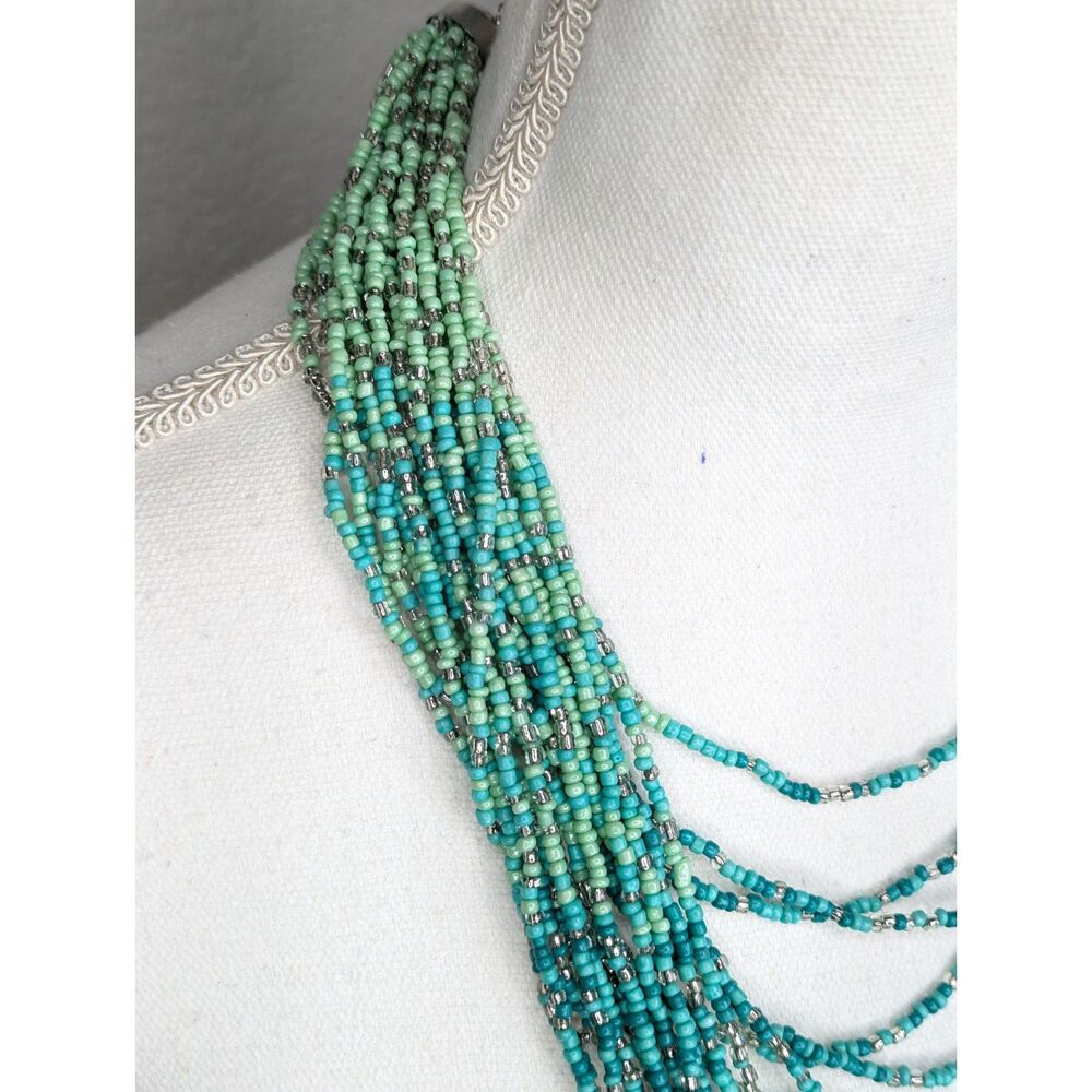 Turquoise String Bead Multi Strand Waterfall Necklace 16" Boho Indie Southwest - Picture 4 of 8